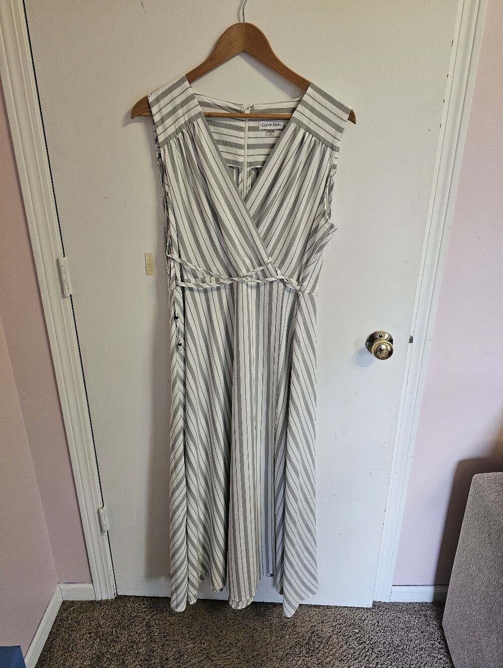 Calvin Klein Sleeveless V-Neck Striped Maxi Dress in White and Gray